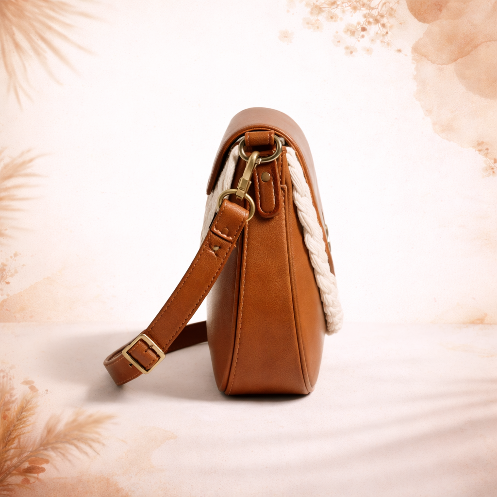 Stylish Brown & White Women’s Sling Bag with Braided Detail | Mini Crossbody Purse for Daily & Party Use