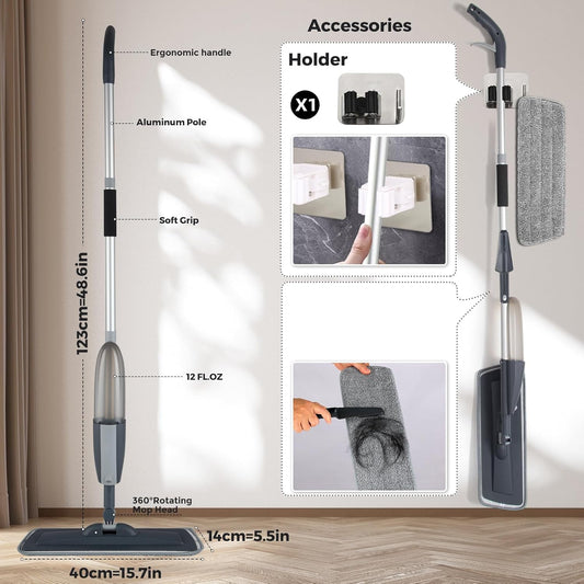 EVOZA Spray Mops for Floor Cleaning, Dust Mop for Home or Commercial Dry Wet Use, Flat Mop with 6 Washable Microfiber Pads 1 Scraper 1 Holder for Wall, Hardwood, Vinyl, Laminate, Ceramic Cleaning