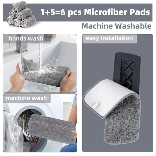 EVOZA Spray Mops for Floor Cleaning, Dust Mop for Home or Commercial Dry Wet Use, Flat Mop with 6 Washable Microfiber Pads 1 Scraper 1 Holder for Wall, Hardwood, Vinyl, Laminate, Ceramic Cleaning