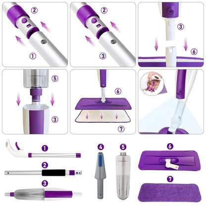 Spray Mops for Floor Cleaning Floor Mop with A Refillable Spray Bottle and 3 Washable Microfiber Pads Home Or Commercial Use Dry Wet Flat Mop for Hardwood Laminate Wood (Pure Purple)