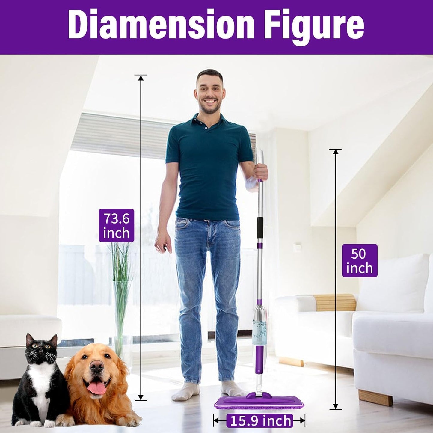 Spray Mops for Floor Cleaning Floor Mop with A Refillable Spray Bottle and 3 Washable Microfiber Pads Home Or Commercial Use Dry Wet Flat Mop for Hardwood Laminate Wood (Pure Purple)