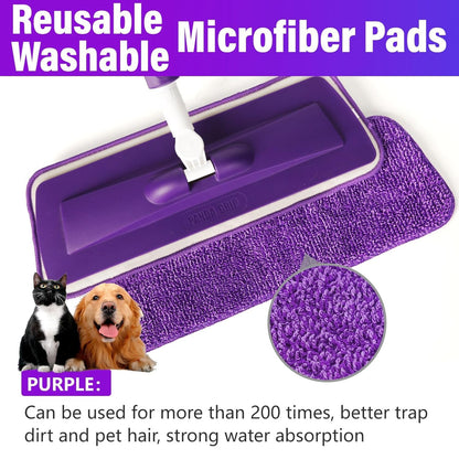 Spray Mops for Floor Cleaning Floor Mop with A Refillable Spray Bottle and 3 Washable Microfiber Pads Home Or Commercial Use Dry Wet Flat Mop for Hardwood Laminate Wood (Pure Purple)