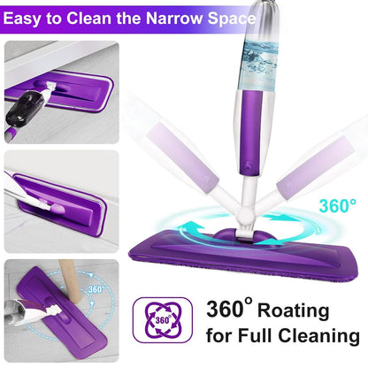 Spray Mops for Floor Cleaning Floor Mop with A Refillable Spray Bottle and 3 Washable Microfiber Pads Home Or Commercial Use Dry Wet Flat Mop for Hardwood Laminate Wood (Pure Purple)