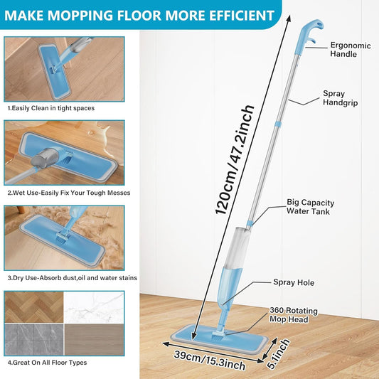 Stainless Steel Microfiber Floor Cleaning Spray Mop with Removable Washable Cleaning Pad and Integrated Water Spray Mechanism,mop for Cleaning Floor,360 Degree Easy Floor Cleaning
