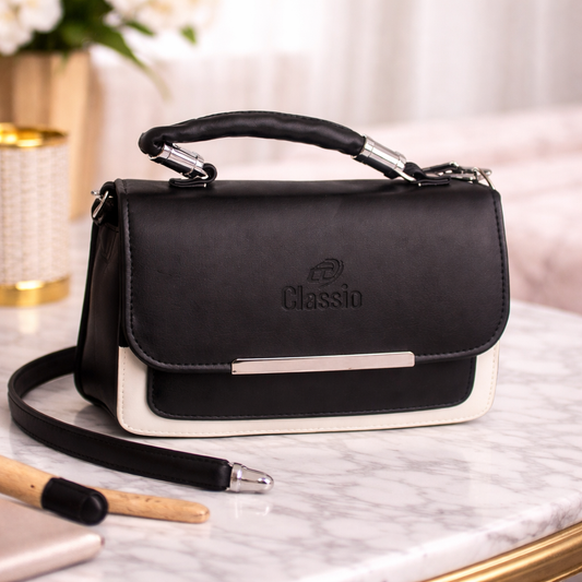 Stylish Black & White Women’s Handbag with Chain Detail | Elegant Sling & Shoulder Bag