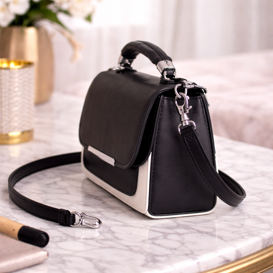 Stylish Black & White Women’s Handbag with Chain Detail | Elegant Sling & Shoulder Bag