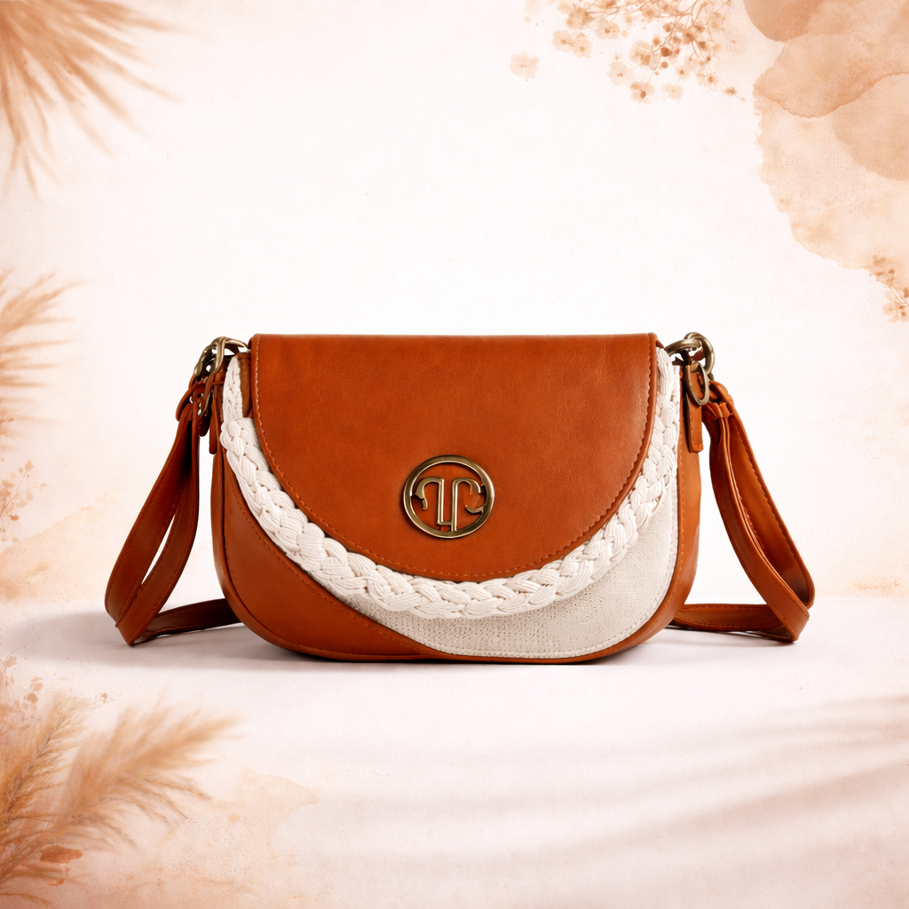 Stylish Brown & White Women’s Sling Bag with Braided Detail | Mini Crossbody Purse for Daily & Party Use
