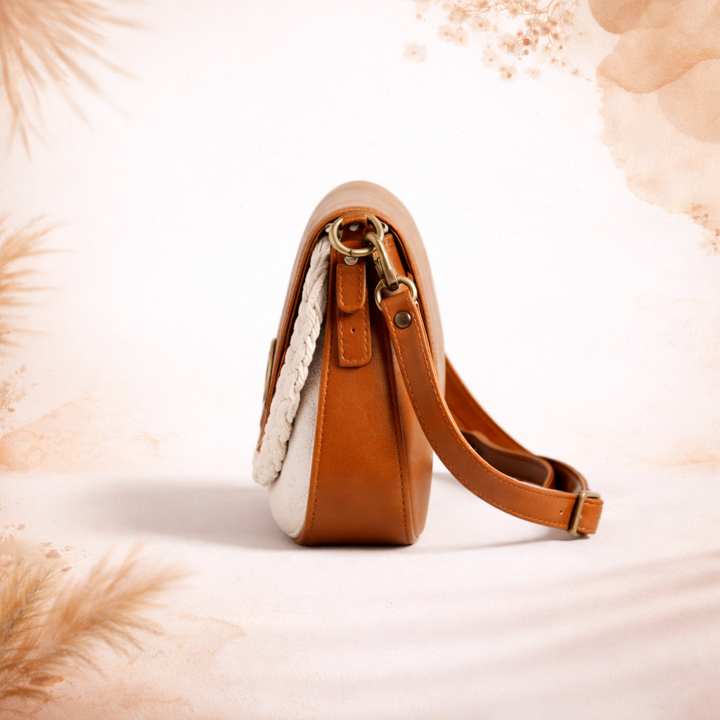 Stylish Brown & White Women’s Sling Bag with Braided Detail | Mini Crossbody Purse for Daily & Party Use