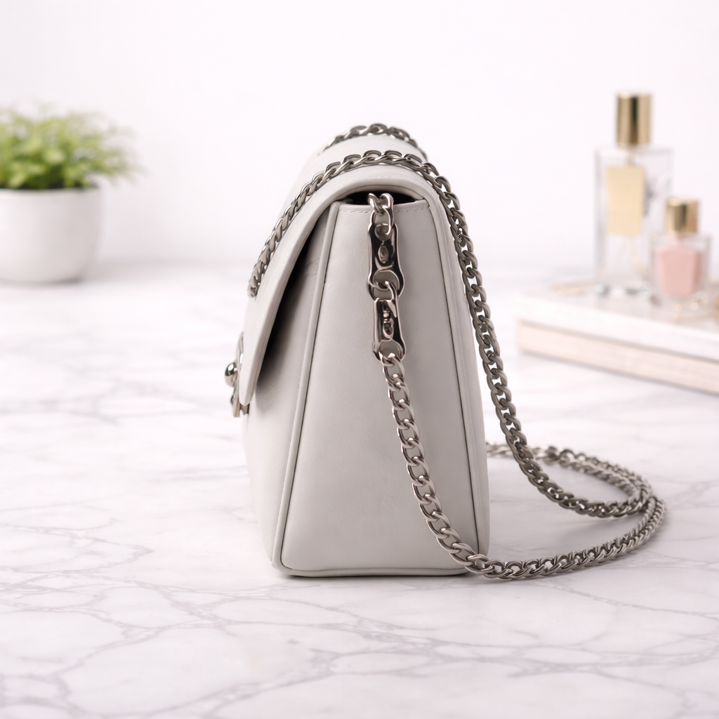 Elegant Grey Women’s Sling Bag with Chain Strap | Textured Faux Leather Crossbody Bag