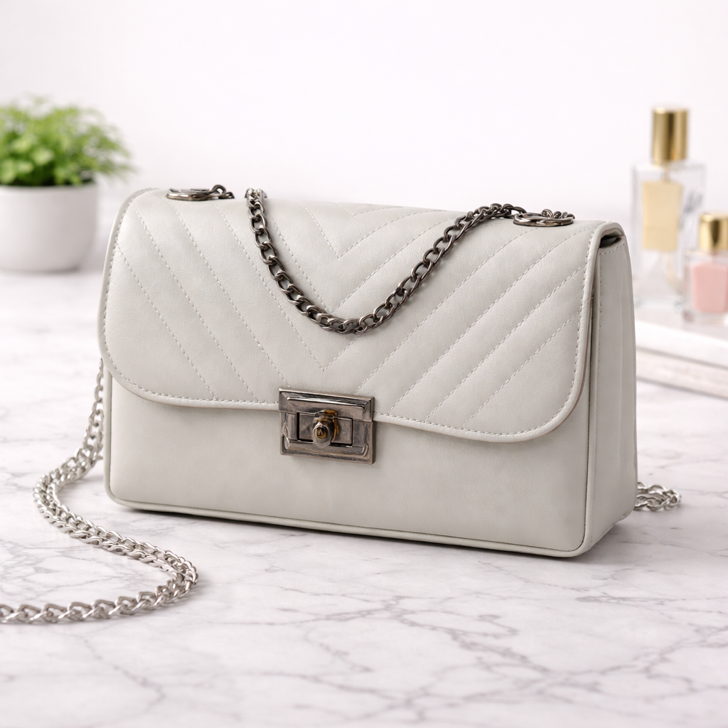 Elegant Grey Women’s Sling Bag with Chain Strap | Textured Faux Leather Crossbody Bag